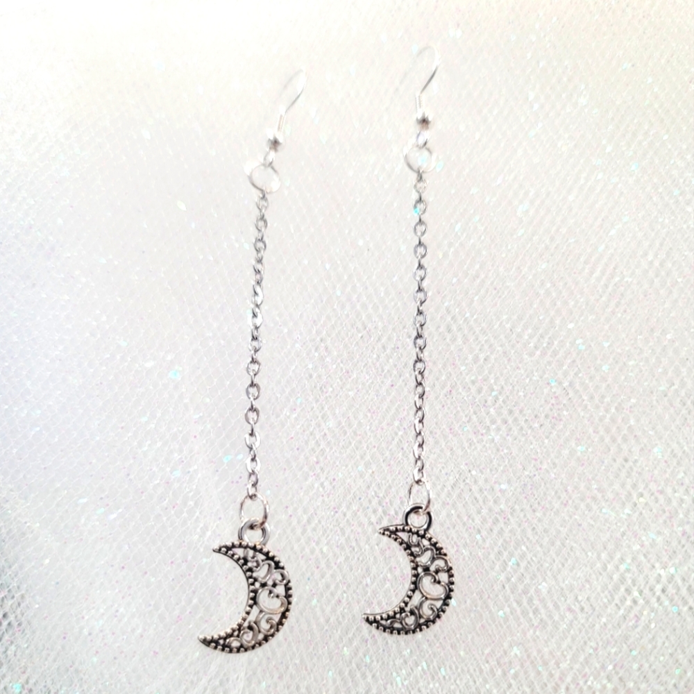 Long Hanging Crescent Moon Earrings